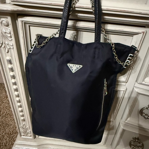Prada Handbags - Prada Black Nylon Tote with Chain-Trim Handles